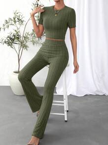 SHEIN Essnce Solid Crop Tee & Flare Leg Pants - Army Green - View 1