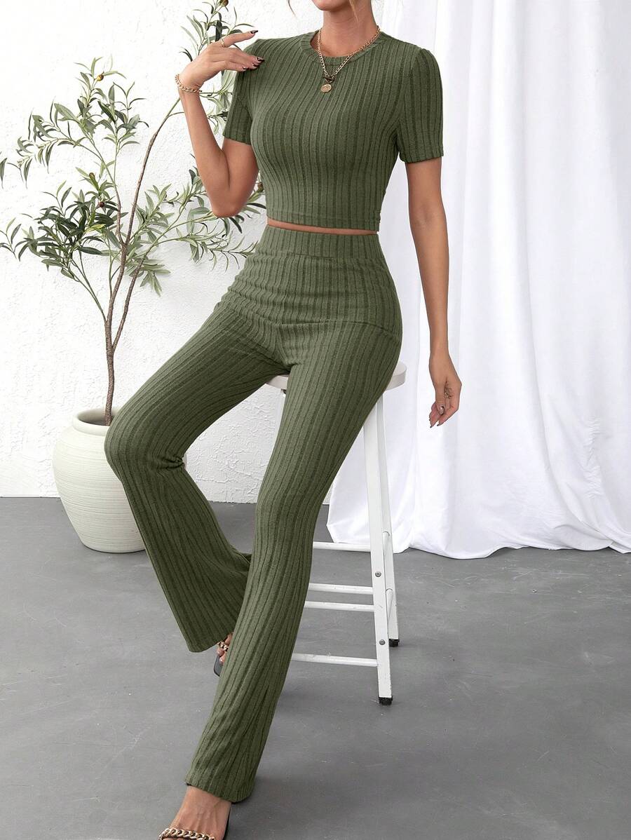 SHEIN Essnce Solid Crop Tee & Flare Leg Pants - Army Green - View 1