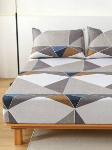 3pcs Fitted Sheet Sets 90g Polyester Fabric Brushed With Geometric Element Pattern, Include 1 Fitted Sheet And 2 Pillowcases