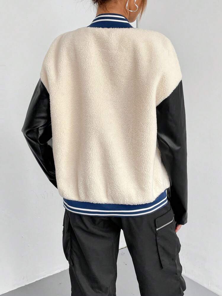 Colorblock Drop Shoulder Teddy Bomber Jacket
