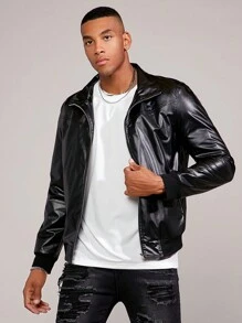 GENTILAND Nam Lỏng lẻo phù hợp chất liệu da PU Dây kéo Áo khoác - màu đen - Xem 1