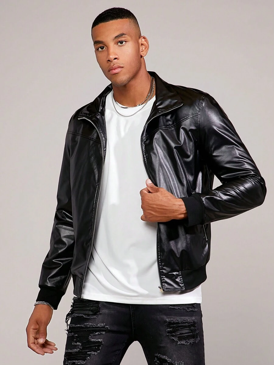 GENTILAND Nam Lỏng lẻo phù hợp chất liệu da PU Dây kéo Áo khoác - màu đen - Xem 1