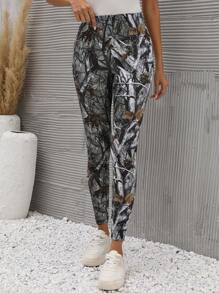 SHEIN LUNE Plants Print Elastic Waist Leggings - Multicolor - View 4