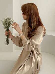 纯色结饰侧衬衫裙，秋装 - 卡其色 - 查看 6