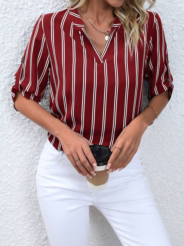 SHEIN Clasi Striped Print Roll Tab Sleeve Blouse - Red - View 1