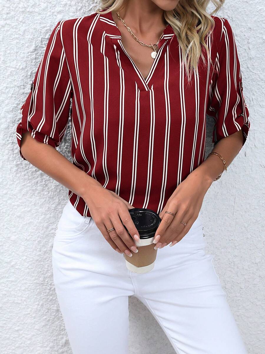 SHEIN Clasi Striped Print Roll Tab Sleeve Blouse - Red - View 1