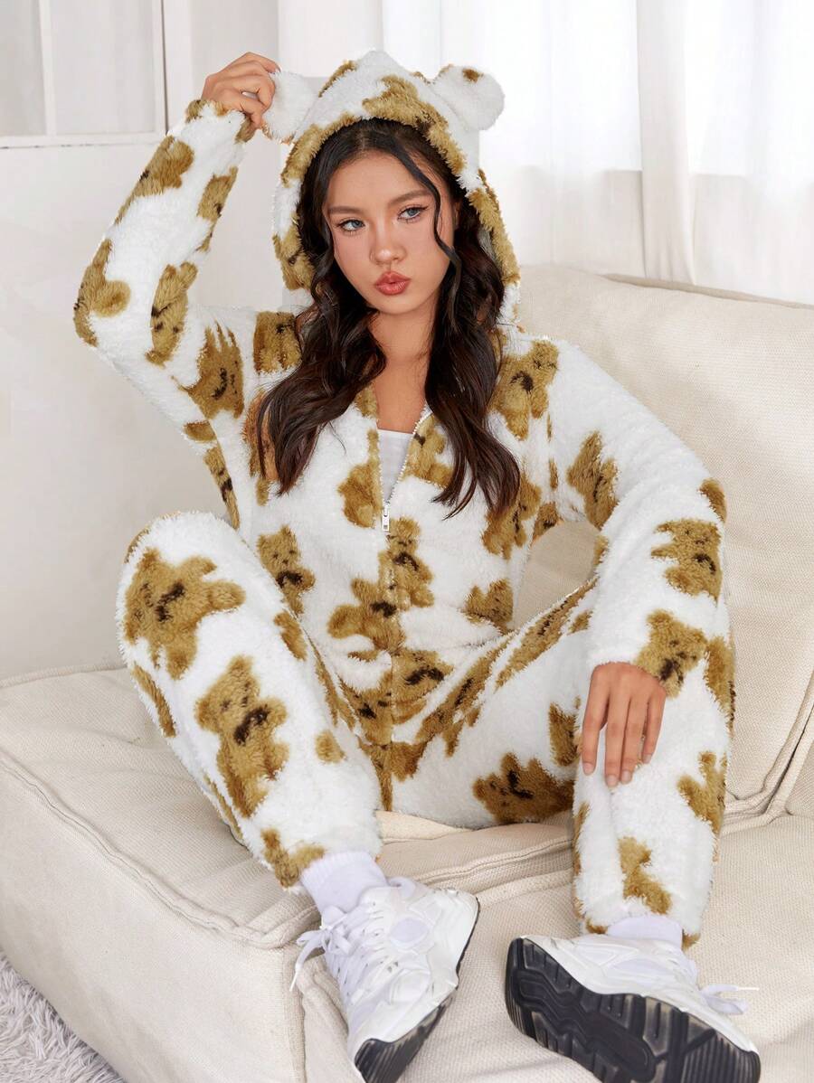 SHEIN EZwear Họa tiết gấu Thiết kế tai 3D áo có mũ Dây kéo mặt trước Flannel Áo liền quần - Nhiều màu - Xem 1