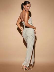 SHEIN BAE Solid Ruched Side Bodycon Dress - Apricot - View 6
