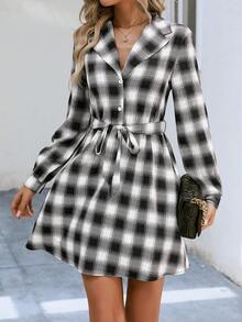 SHEIN Essnce 格紋印花腰帶襯衫洋裝 - 黑色 - 查看 5