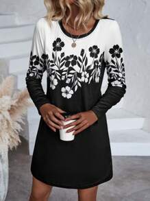 SHEIN LUNE Floral Print Colorblock Tee Dress - Black - View 5