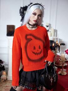 PUNK Áo len chui đầu vai rớt họa tiết Halloween, thích hợp cho mùa thu đông. - trái cam - Xem 1