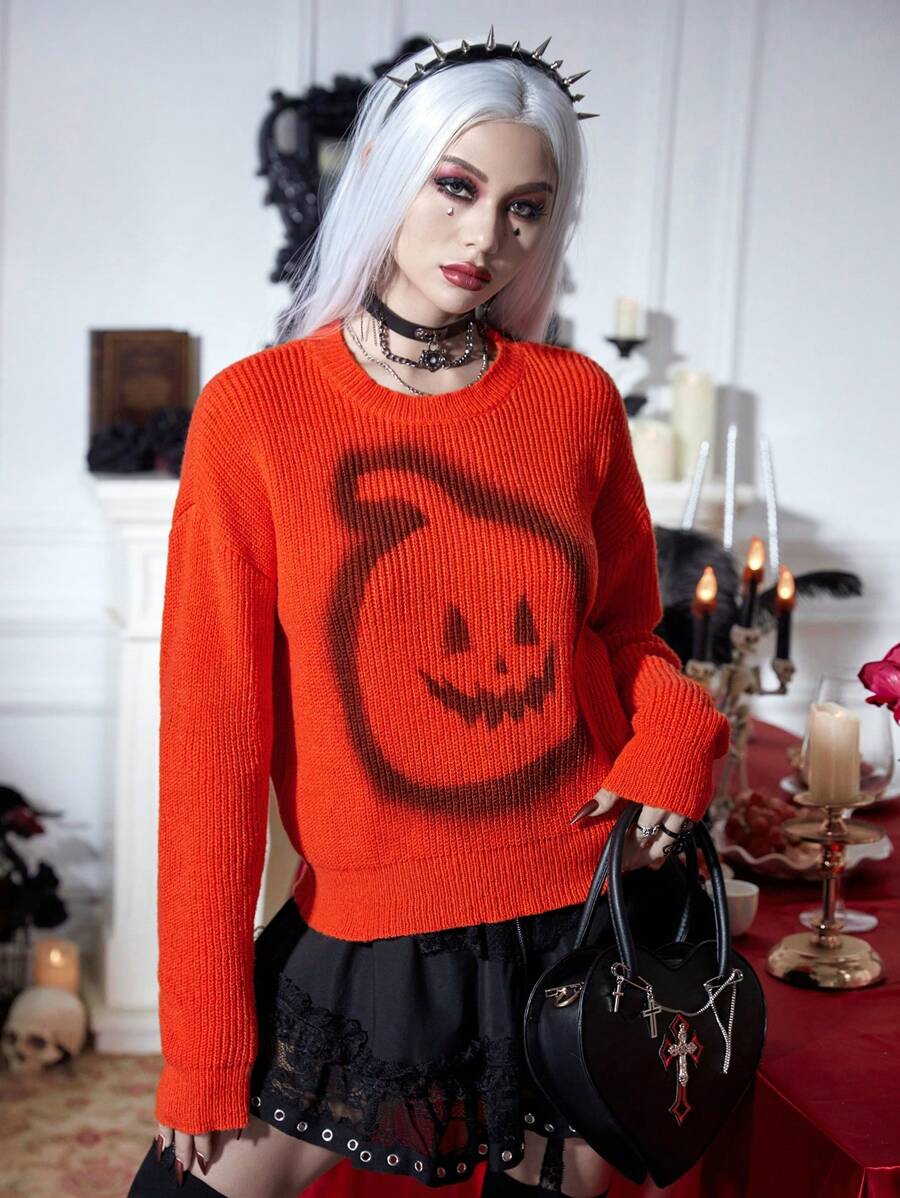 PUNK Áo len chui đầu vai rớt họa tiết Halloween, thích hợp cho mùa thu đông. - trái cam - Xem 1