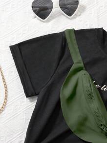 SHEIN 女大童字母圖案T恤&翻蓋口袋長褲附包 - 軍綠色 - 查看 7