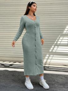SHEIN EZwear Plus Button Through Ribbed Knit Dress - Mint Green - View 5