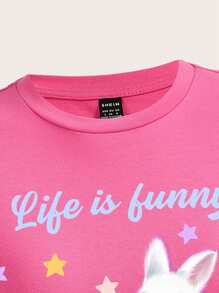 SHEIN EZwear 卡通和標語圖案短款T恤 - 粉色 - 查看 3