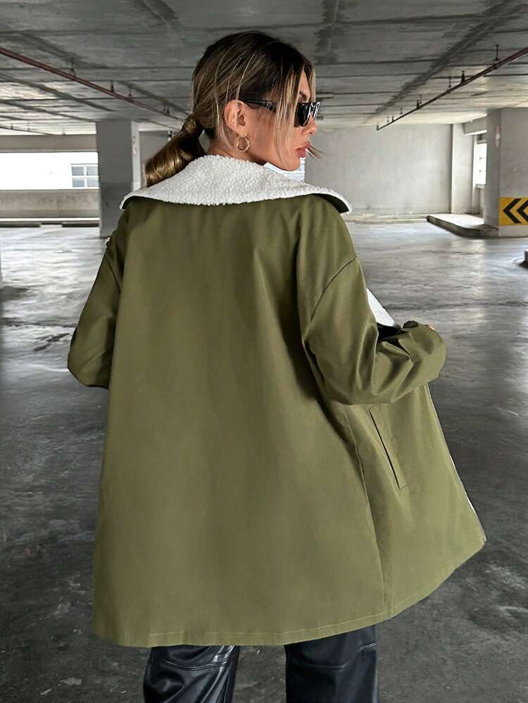 Lapel Neck Teddy Lined Zip Up Coat