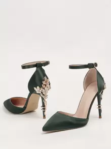 Fall/Winter 2025 European And American Style Luxurious And Sexy Women's Shoes, Fashionable Metal Flower Detailed High Heels, Pointed Toe Silk Strap Sandals, Wedding Shoes For Women,Women Pumps,Party Outfits - Dark Green - View 1
