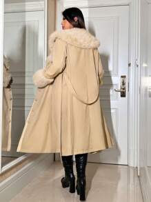 Flirla Plus Fuzzy Panel Waterfall Collar Belted Coat, For Winter - Apricot - View 2