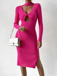 Chiquease Cut Out Front Split Thigh Sweater Dress - Hot Pink - View 4