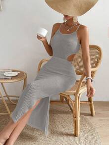 SHEIN VCAY Solid Split Thigh Cami Dress - Grey - View 3