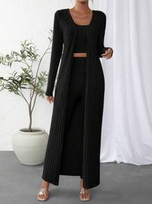 SHEIN Essnce Solid Crop Tank Top & Leggings & Coat - Black - View 3
