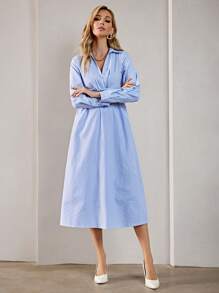 SHEIN BIZwear 條紋印花交疊領洋裝 - 藍白色 - 查看 2