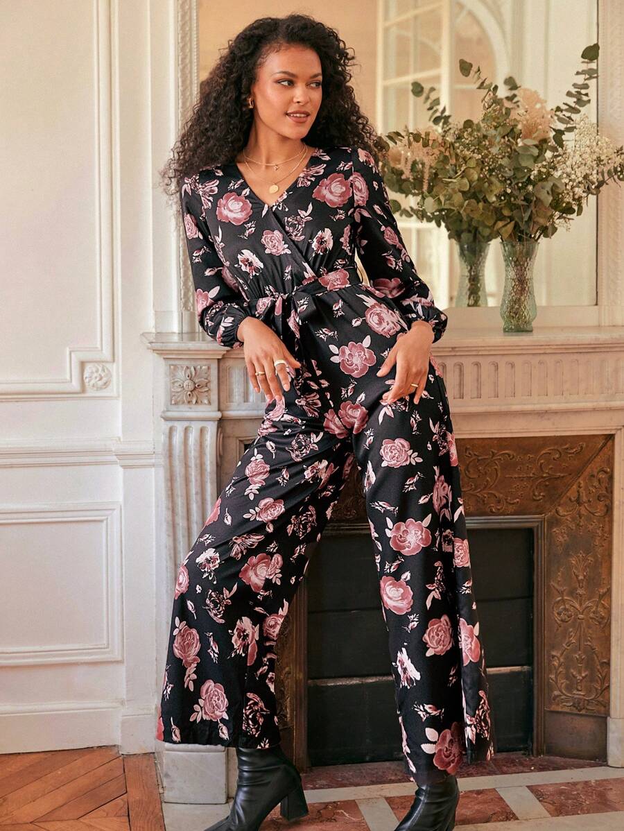 SHEIN Frenchy Floral Print Lantern Sleeve Belted Jumpsuit