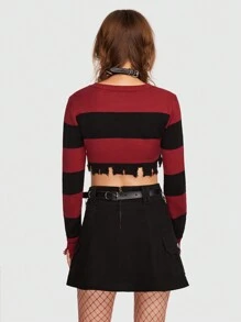ROMWE Goth Striped Pattern Cut Out Front Crop Sweater