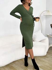 SHEIN Maternity Surplice Neck Knot Side Split Thigh Dress - Green - View 1