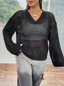 Flirla Hơn Thả vai Đan Mở Áo len Không có áo ngực - Màu xám đen - Xem 6