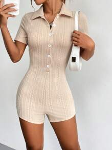 SHEIN Privé Nút phía trước Đồ đan Ribbed Quần áo nịt Romper - Màu be - Xem 5