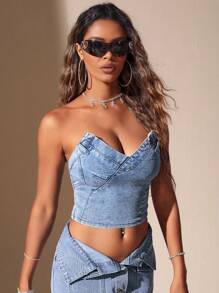 SHEIN BAE Zip Back Tube Denim Top - Blue - View 3