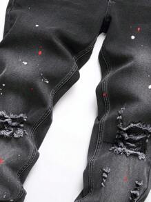 Manfinity Homme Men Splash Ink Print Ripped Frayed Bleach Wash Jeans, Plain Slim Fit Long Dark Grey Cargo Jeans, For Husband, Boyfriend Gifts, Men Paint Splatter Jeans, Men Ripped Jeans, Men Distressed Jeans - Black - View 3