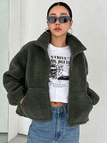 DAZY 拉鍊式下垂肩泰迪外套 - 綠色 - 查看 1