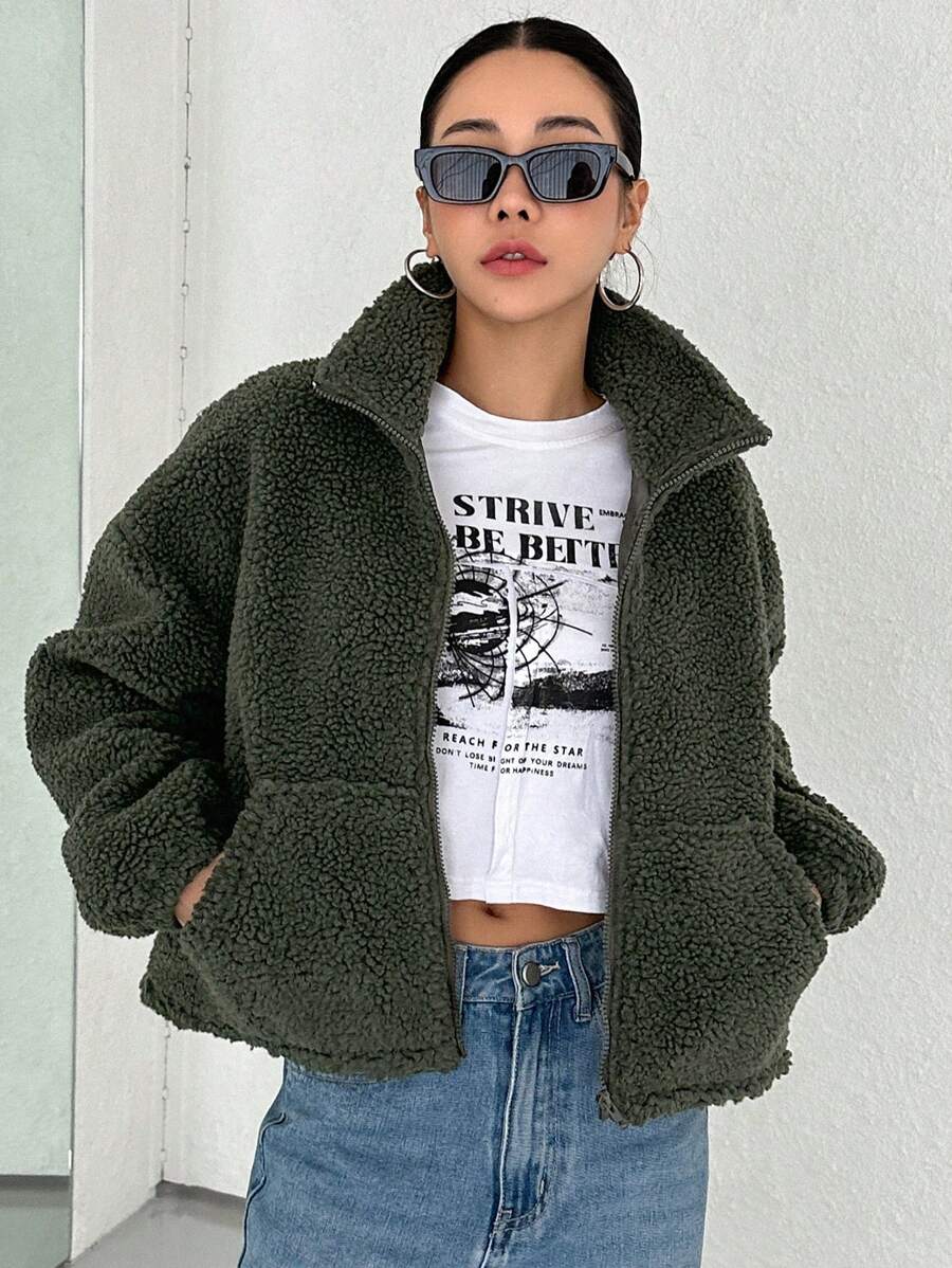 DAZY 拉鍊式下垂肩泰迪外套 - 綠色 - 查看 1