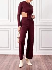 EURMUSE Wine Red Two-Piece Set With Asymmetric Hem High Neck Long Sleeved Top And Straight Pants - Burgundy - View 5