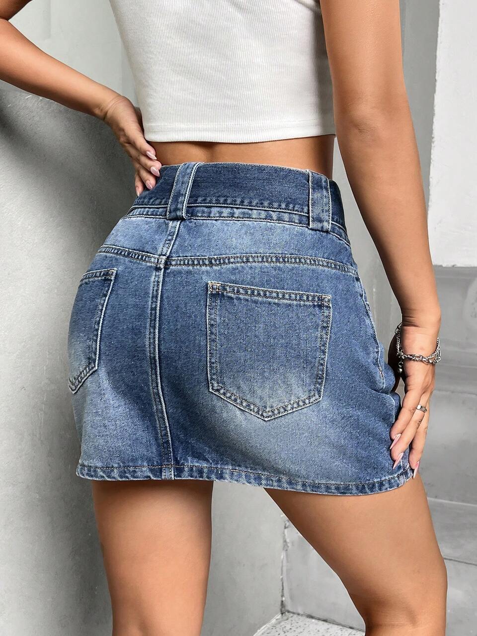 Zip Up Belted Denim Skirt
