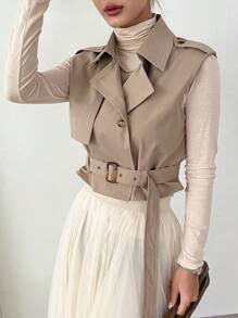 DAZY Lapel Neck Belted Vest Jacket - Khaki - View 6