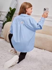 SHEIN Leap Crew 女大童字母貼布落肩袖襯衫 - 淺藍色 - 查看 1