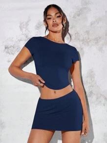 SHEIN BAE 素色露背短款T恤&包臀半身裙 - 藏蓝色 - 查看 4