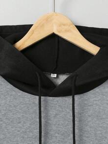 SHEIN EZwear 加大码字母图案撞色袋鼠口袋抽绳卫衣 - 灰色 - 查看 4