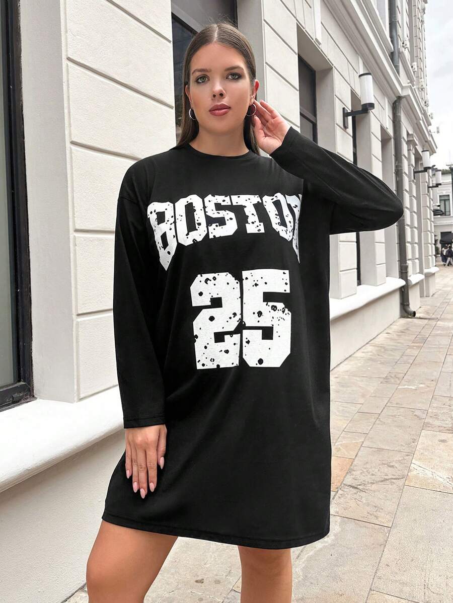 RueChic Plus Letter Graphic Drop Shoulder Dress - Black - View 1