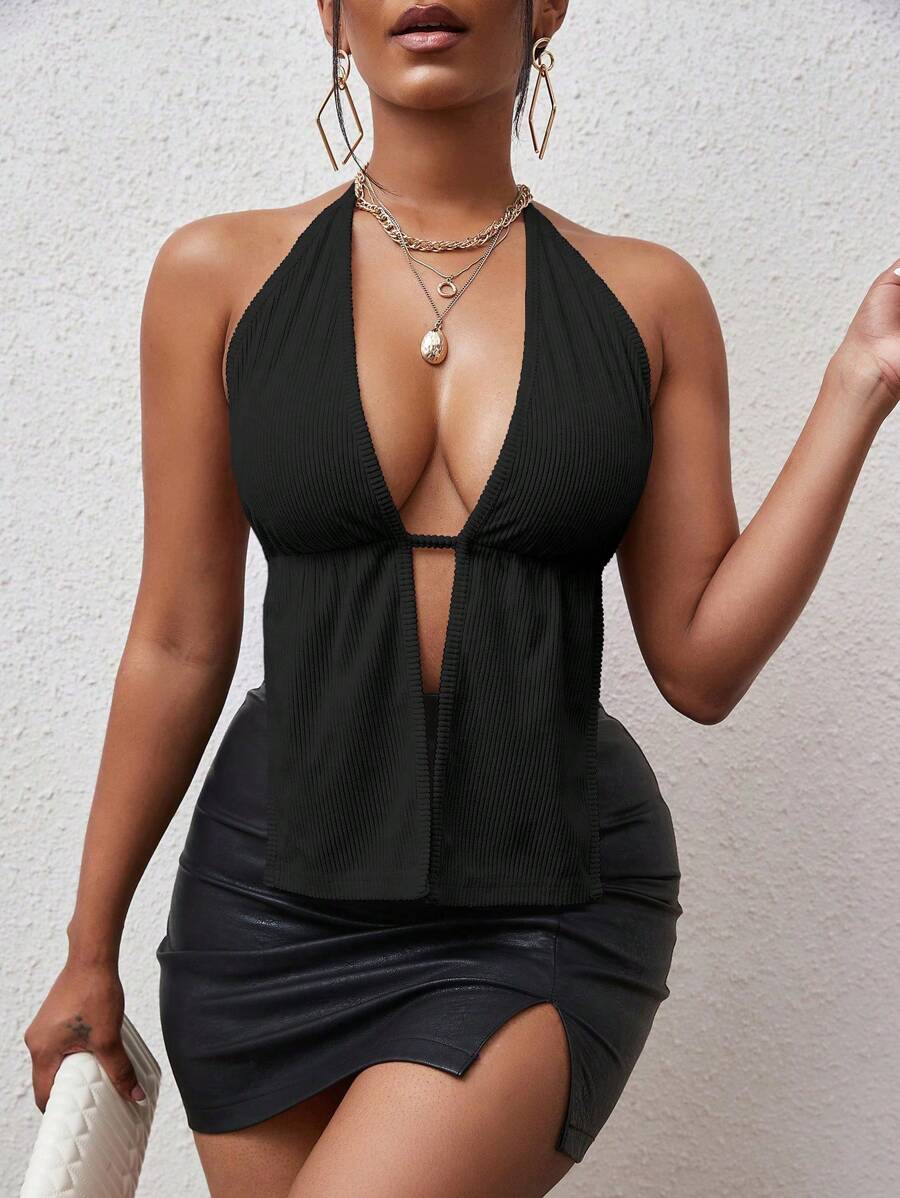 SHEIN SXY 後背繫帶下擺開叉掛脖上衣 - 黑色 - 查看 1