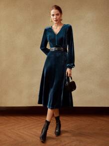 MOTF PREMIUM Cổ v Phù hợp thường Đầm - Màu xanh ngọc - Xem 4