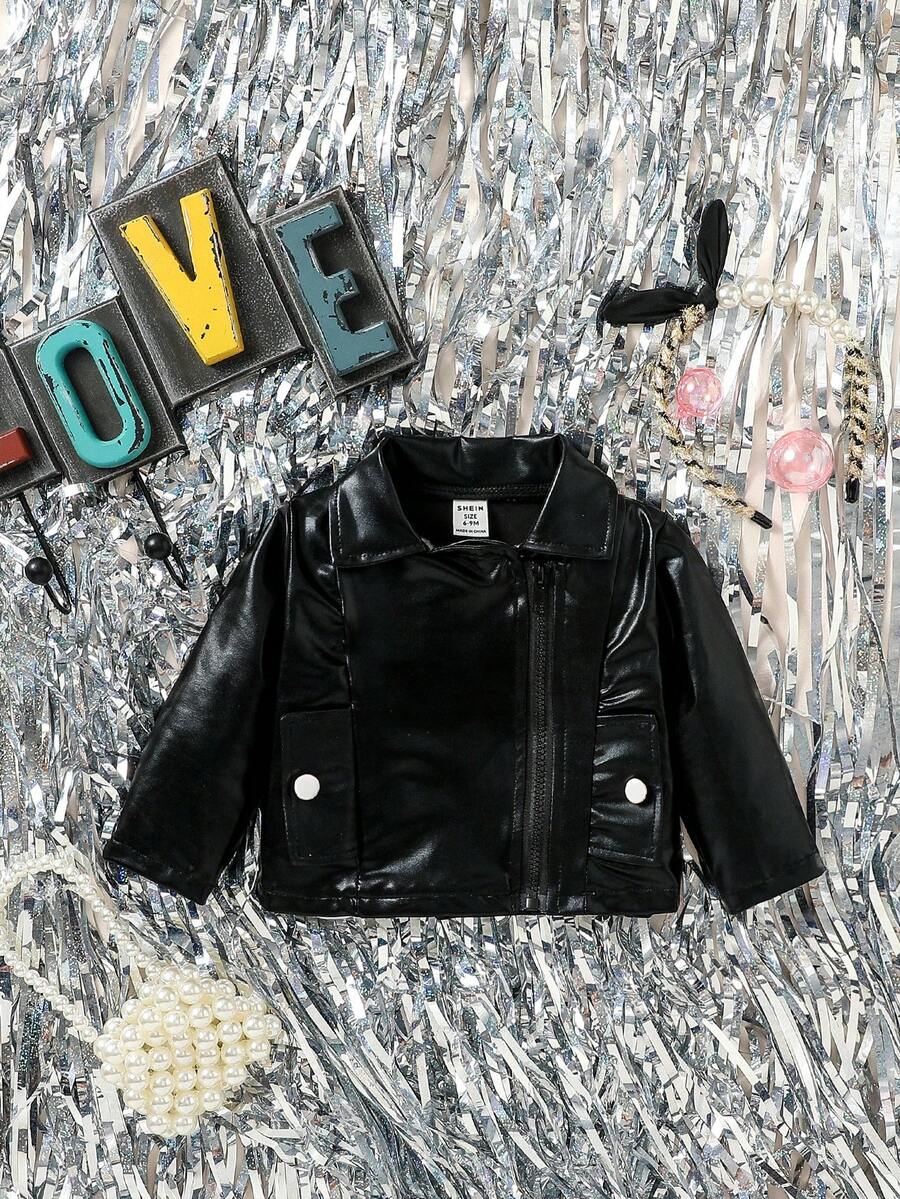 SHEIN 女嬰拉鏈門襟PU皮革夾克 - 黑色 - 查看 1