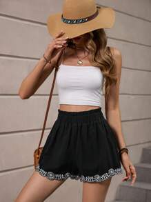 SHEIN VCAY Embroidery Detail Paperbag Waist Shorts - Black - View 4