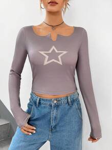 SHEIN EZwear تي شيرت بطباعة قمر ياقة مفتوح - رمادي - مشاهدة 3