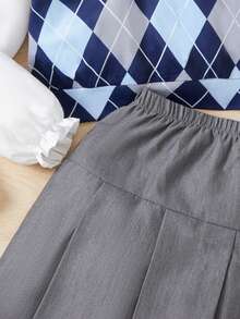 SHEIN 女大童菱形印花假兩件襯衫&百褶半身裙 - 彩色 - 查看 4