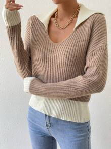 SHEIN LUNE Áo len chui đầu cổ tương phản, vai rớt, chất liệu dệt kim gân, thích hợp cho mùa thu đông. - Nhiều màu - Xem 6