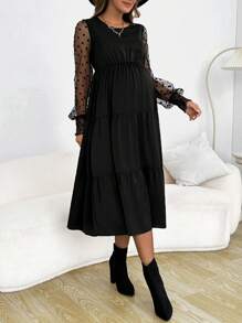 SHEIN 休閒網拼接 荷葉邊 多層分層圓點孕婦連身裙 - 黑色 - 查看 5